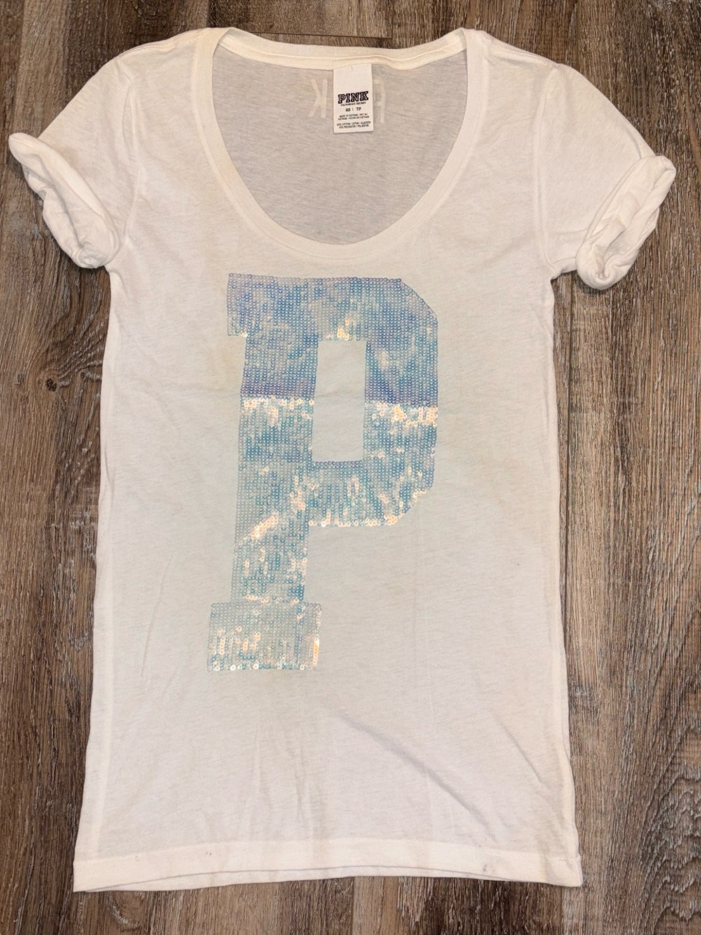 PINK Victoria's Secret White Short-Sleeve Tee with Iridescent Blue Sequin 'P'